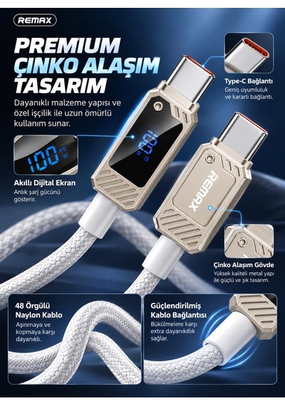 Remax Suxien Rc-c069 100w Pd Dijital Ekranlı Type-c To Type-c Hızlı Şarj Ve Data Kablosu 1.2 Metre Beyaz