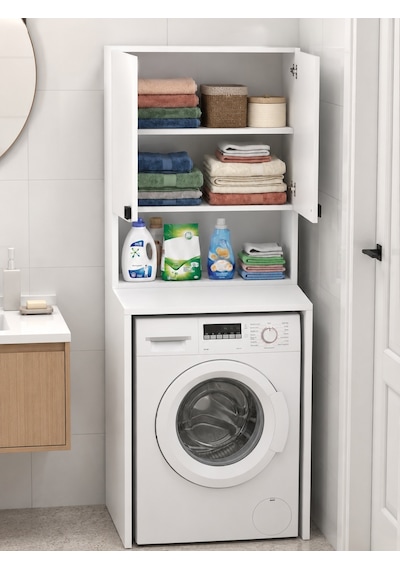 Susa Çamaşır Makinesi Üst Dolabı Çok Amaçlı Banyo Ve Çamaşır Odası Düzenleyici Raflı Kapaklı Depolama Dolabı Beyaz