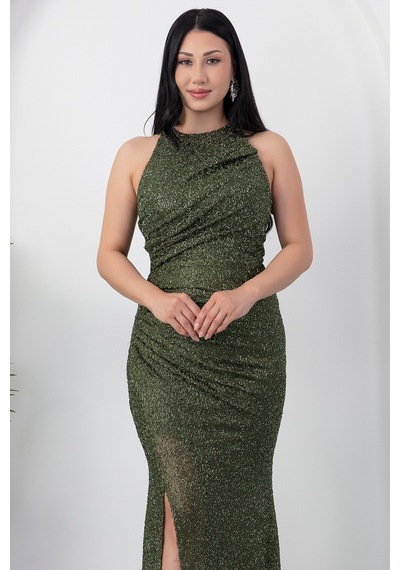 Kalopya Halter Yaka Yırtmaçlı Boncuklu Elbise 41099 Haki