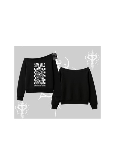 Tarzsokak Kayık Yaka Sweatshirt Stay Wild Rock Spirit Urban Riot Siyah