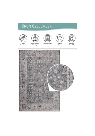 Artloop Stonart Eskitme Vintage Desenli Gri Otantik Yıkanabilir Şönil Halı Al 467 Gri 13