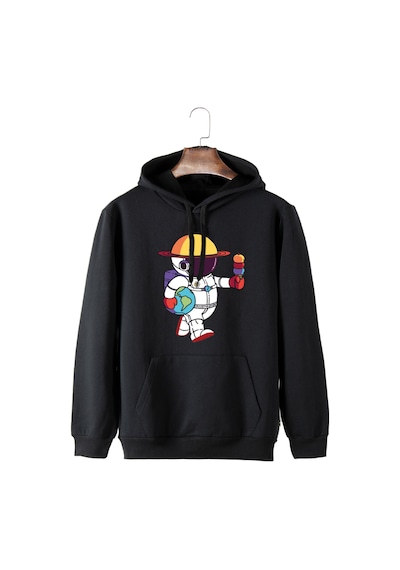 Unisex Siyah Kapüşonlu Astronot Baskılı Slim Fit Kanguru Cepli Sweatshirt Siyah