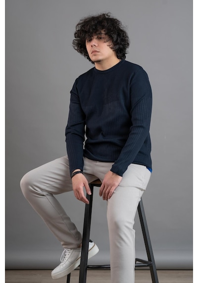 Bisiklet Yaka Likralı Microfilament Kumaş Slimfit Erkek Sweatshirt Lacivert