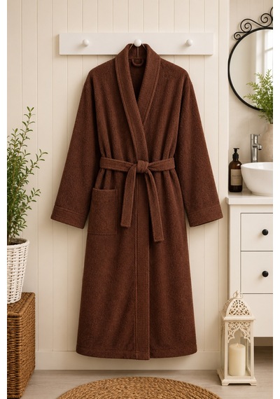 Tokyo Waffle Kimono Bornoz Unisex Spa Ve Otel Bornozu, Pamuklu, Cepli, Yumuşak Dokulu Kahverengi
