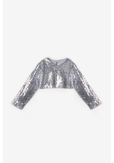 Le Mabelle Gümüş Uzun Kollu Pullu Kız Çocuk Crop Bluz Gümüş