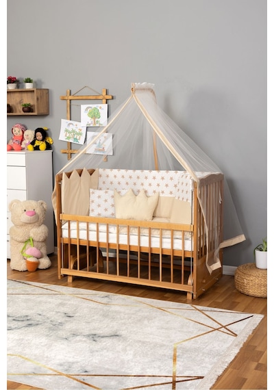 Ahşap Beşik Anne Yanı Beşik Vernikli 60x120 - Krem Nakış Yazısız Uyku Seti + Yatak Ahşap