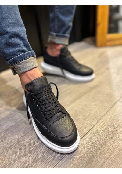 Mevese Meverk Cilt Erkek Sneaker Ayakkabı Kalın Taban Günlük Siyah