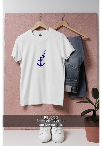 Oversize Kuşlar Ve Çıpa - Çapa Tasarımlı Unisex T-shirt Beyaz