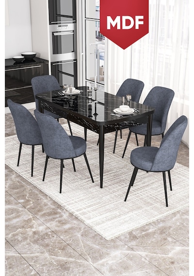 Canisa Kor Serisi MDF Siyah Mermer Desen 70x114 Açılabilir Yemek Masası Takımı, 6 Sandalye Masa Siyah Mermer Desen Sandalye Füme Canisa Kor Serisi MDF Siyah Mermer Desen 70x114 Açılabilir Yemek Masası Takımı, 6 Sandalye Masa Siyah Mermer Desen Sandalye Füme