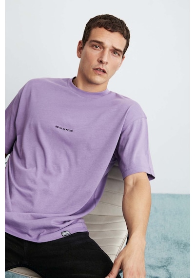 Grımelange Rıver Erkek Oversize Fit Bol Kesim Nakış Işlemeli Basic Örme Mor T-shirt