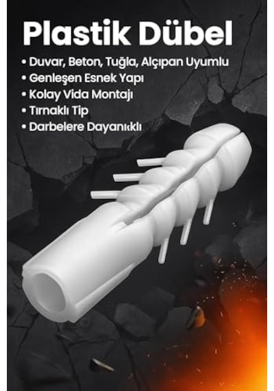 Plastik Dübel Seti, Duvar, Beton, Tuğla, Alçıpan Uyumlu, Genleşen Esnek Yapı, Kolay Vida Montajı, Tırnaklı Tip,
