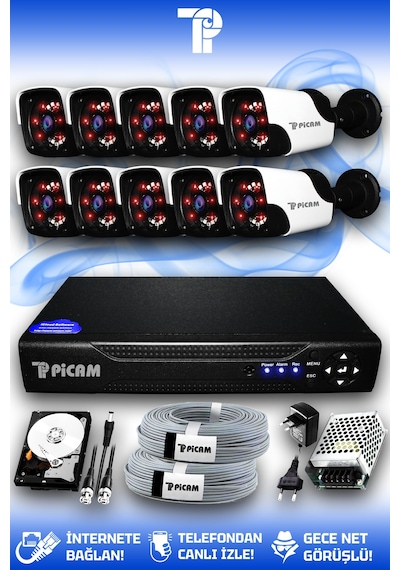 Picam 10 Kameralı Panda 10 Dış Kamera Set 2 TB HDD Full HD Gece Görüşlü Güvenlik Kamerası Sistemi