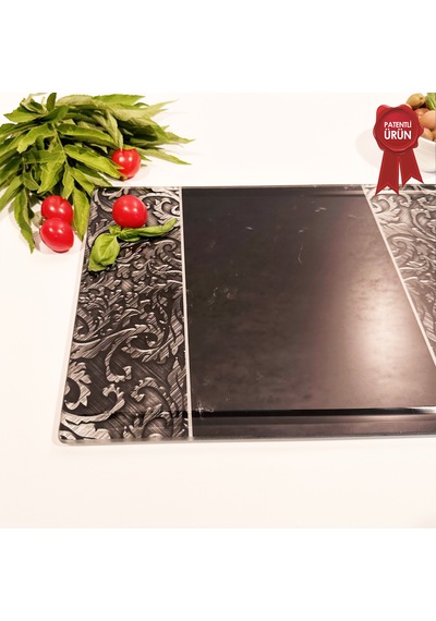 Kanallı Cam Kesme Tahtası - Black Ornament - 25x35cm