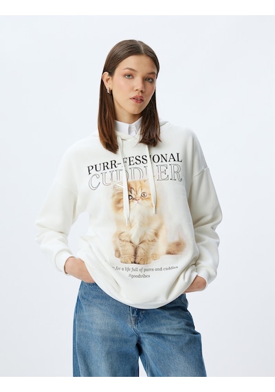 Koton Kedi Baskılı Kapüşonlu Rahat Kalıp Şardonlu Sweatshirt Ekru 5wal10590ık Ekru