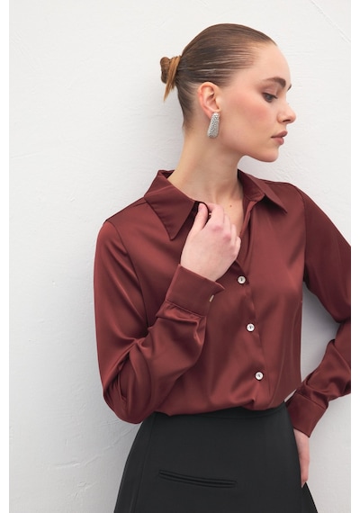 Sateen Saten Gömlek - Bordo-137000 Bordo