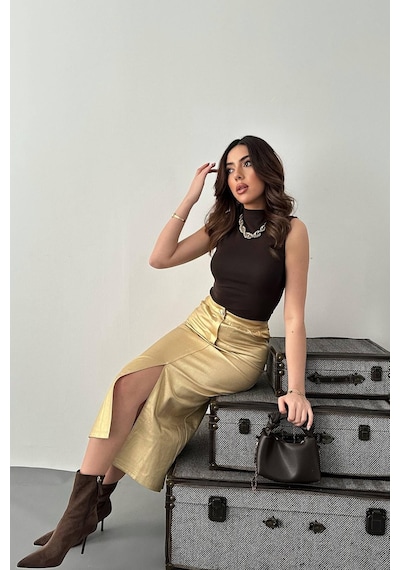 Alemdarshop Altın Varaklı Gabardin Yırtmaçlı Etek