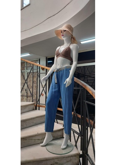 Eren Style İtalyan Kemerli Keten Pantolon-9260 İndigo Mavi İndigo