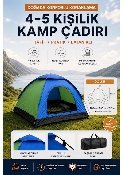 4-5 Kişilik Manuel Kamp Çadırı Kolay Kurulum Kamp Ve Piknik İçin İdeal Çadır Diğer