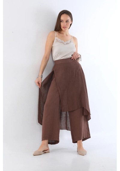 Bohem Stil İtalyan Ham Keten Pantolon Etek-8747 Kahverengi
