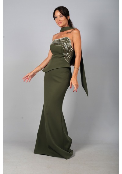 By Saygı Kadın Asimetrik Straplez Yaka Astarlı Önü Taşlı Peplum Detaylı Krep Uzun Elbise Haki By Saygı Kadın Asimetrik Straplez Yaka Astarlı Önü Taşlı Peplum Detaylı Krep Uzun Elbise Haki