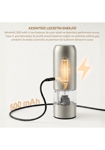 Pizen Windmill Usb Şarjlı Otomatik Baharat Öğütücü Led Işıklı Ayarlanabilir Tuz Karabiber Değirmeni Gümüş