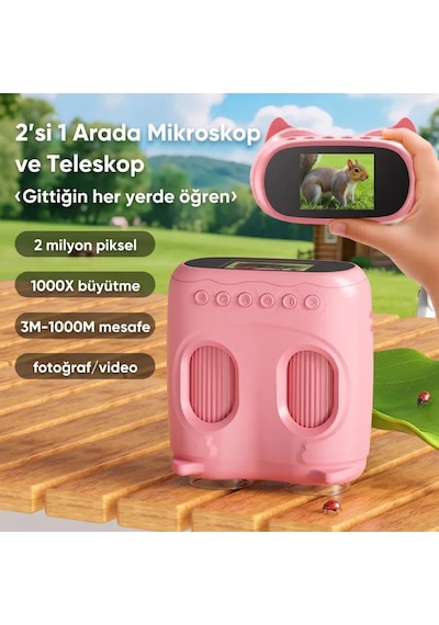387 Pembe 2'si 1 Arada Dijital Çocuk Mikroskobu & Dürbün - 1000x Büyütme, 1000 Metre Menzil, 2 Mp Full Hd Ekranlı Eğitici Bilim Kiti