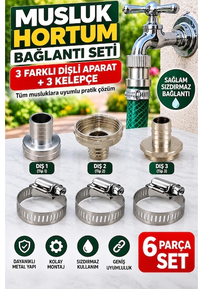 Musluk Hortum Bağlantı Aparatı Seti 3 Farklı Dişli Adaptör + 3 Adet Metal Hortum Kelepçesi 6 Parça S