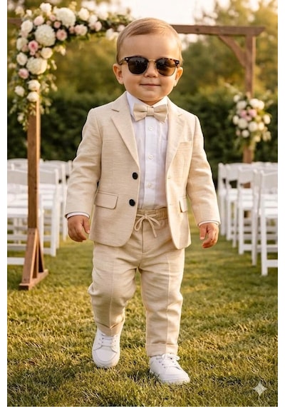 Baby Kids Colors Flamlı Keten Salaş Ceketli Takım Elbise/gömlek Pantolon Ceket Papyon Ay Grubu Zıbınlı Bej