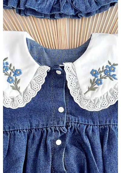 Cantoy Nakışlı Bebe Yaka Kot Bebek Tulumu Ve Şapka Takımı Koyu Mavi