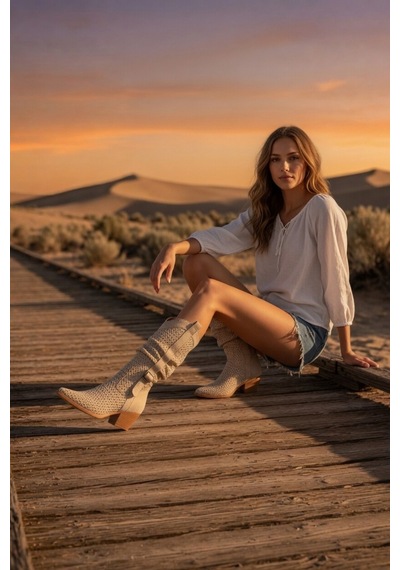 Markasende Newa Cesur Süet Lazer Kesim Körüklü Yazlık Kadın Çizme Bej