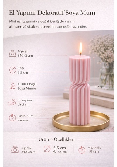 Dekoratif Lüks Soya Mum, El Yapımı Doğal Mum Uzun Yanma Süreli Şık Ev Hediyesi, Ev Süsü Pembe 340 G Pembe