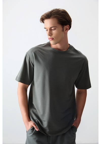 Air Jones Tommy Life Haki Pamuklu Kalın Yumuşak Dokulu Oversize Fit Basic Erkek T-shirt - 88377 Haki