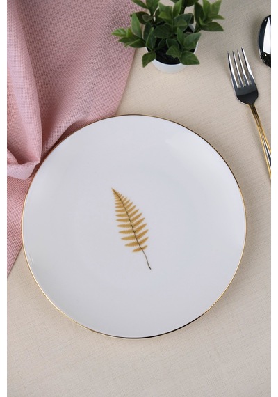 Tabak Evi Porselen Natura Fern Altın Yaldız Pasta Tabağı 20,50cm Tekli Çok Renkli