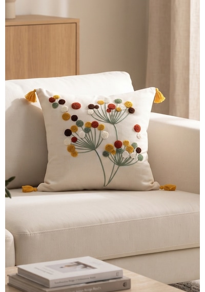 Polen Punch Nakışlı Çiçek Desenli Dekoratif Gizli Fermuarlı Püsküllü Kırlent Kılıfı 42 X 42 Cm Bej