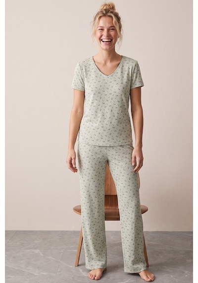 Siyah İnci Pointelli Örme Pijama Takımı 26120680 Yeşil