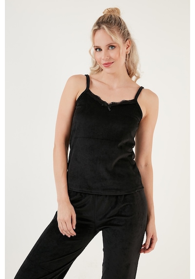 Lela Regular Fit Dantelli Yumuşak Dokulu Sabahlıklı Kadife Bayan Pijama Takımı 6095545 Siyah