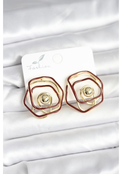 Pirinç Gold Renk Bordo Mineli Geometrik Gül Model Kadın Küpe Altın