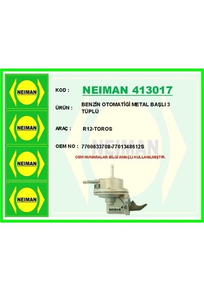 Bescher Benzin Otomatiği Metal Başlı 3 Tüplü R12-toros Neıman 413017 7700633708-7701348612s