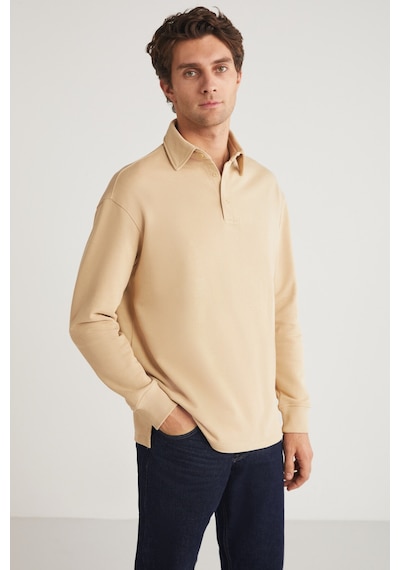 Grımelange JOHN Erkek Polo Sweat Gömlek Yakalı Arkası Uzun Yırtmaçlı Diagonel Kumaşlı Bej Sweatshirt