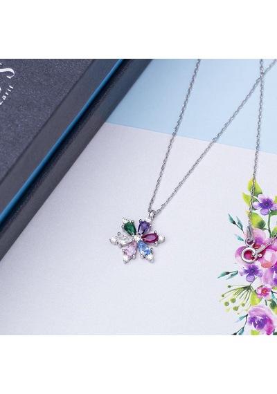 Renkli Zirkon Taşlı Lotus Çiçeği Model 925 Ayar Gümüş Kadın Kolye