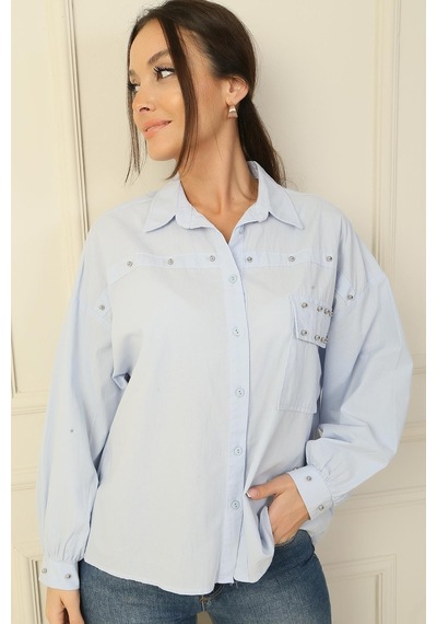 By Saygı Taş Zımba Detaylı Keten Gömlek-36372-bebe Mavi Bebe Mavi