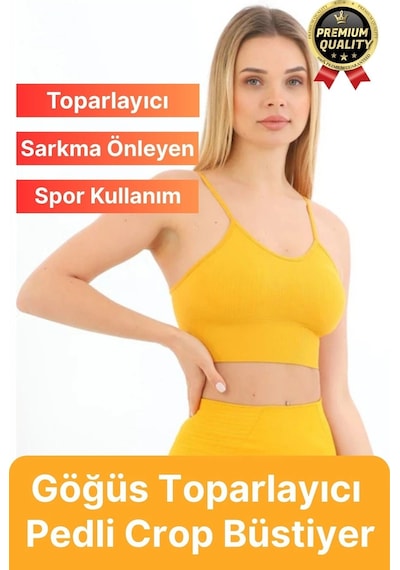 Svein Göğüs Toparlayıcı Sarkma Önleyen Gündelik Spor Kullanım İnce İp Askılı Pedli Çizgili Crop Büstiyer Sarı