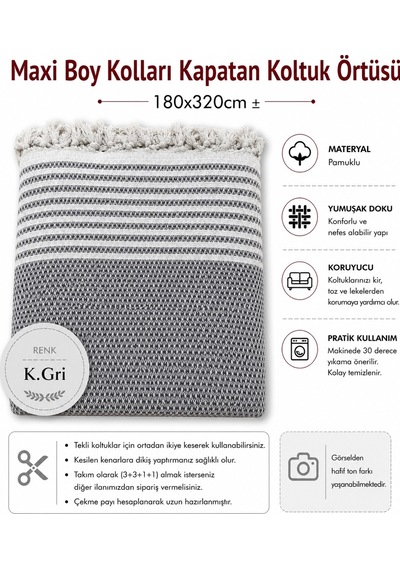 Pamuklu Kaymaz Hasır Dokuma Maxi Boy Kolları Örten Koltuk Örtüsü 180x310 - Koyu Gri