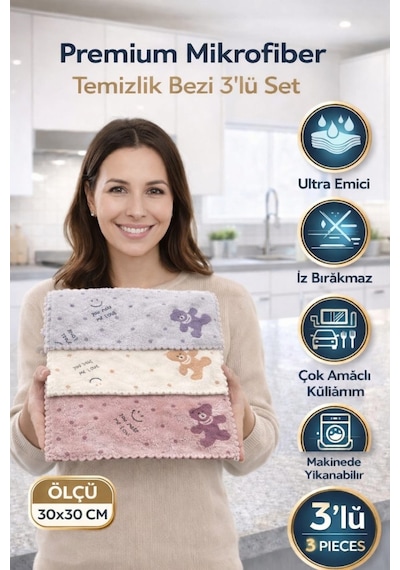 Puf Dokulu Sihirli Mutfak Bezi 3 Adet Koku Yapmaz Leke Tutmaz Diğer