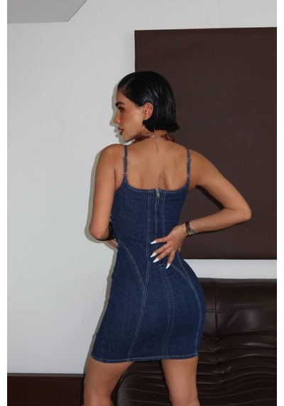Meecy Denim Likralı Tasarım Kot Elbise Lacivert Lacivert
