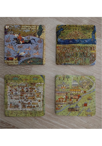 Matrakçı Nasuh Minyatürleri Doğal Taş Bardak Altlığı 4'lü Set - Natural Stone Coasters - Taş Çok Renkli