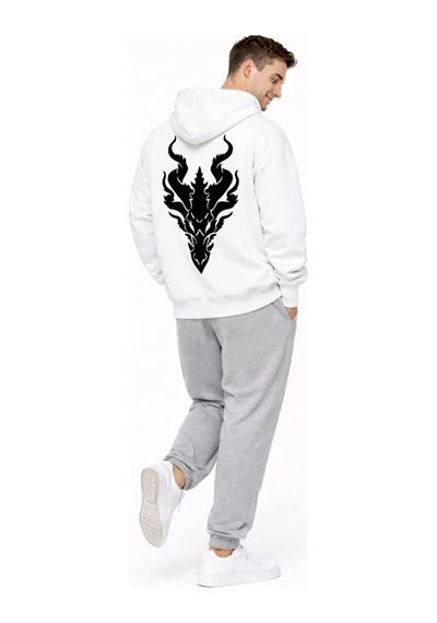 Unisex Ejderha Baskılı Beyaz Sevgili Kombini Oversize Hoodie Seti Beyaz