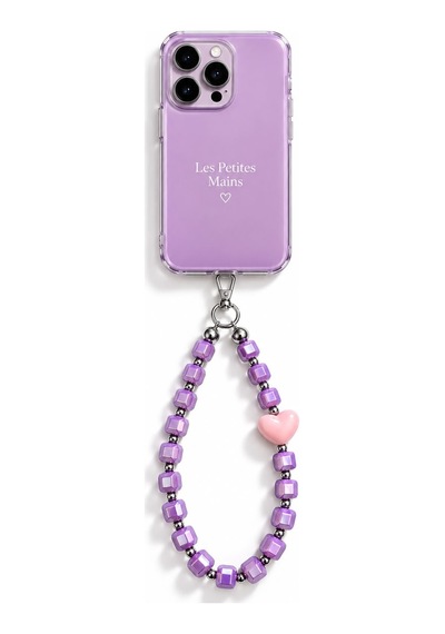 Les Petites Mains Mor Küp Boncuklu Pembe Kalp Detaylı El Yapımı Telefon Askısı