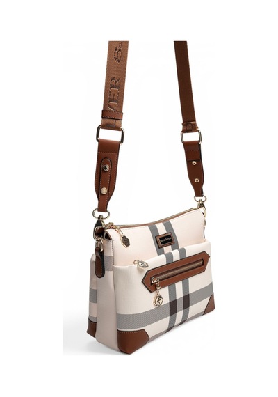 Silver & Polo Silver Polo Krem - Taba Ekose Kadın Çapraz Çanta Sp1110