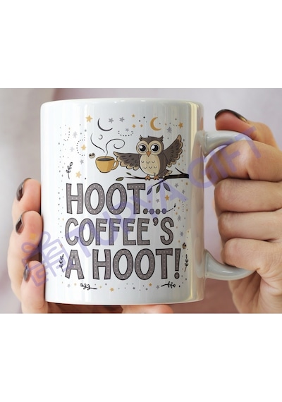 Baykuş Temalı Kahve Kupası Hoot, Kahve Vaktidir Beyaz